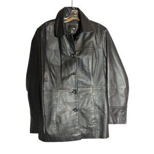 East 5th Womens Black Genuine Leather Button-Up Jacket Medium